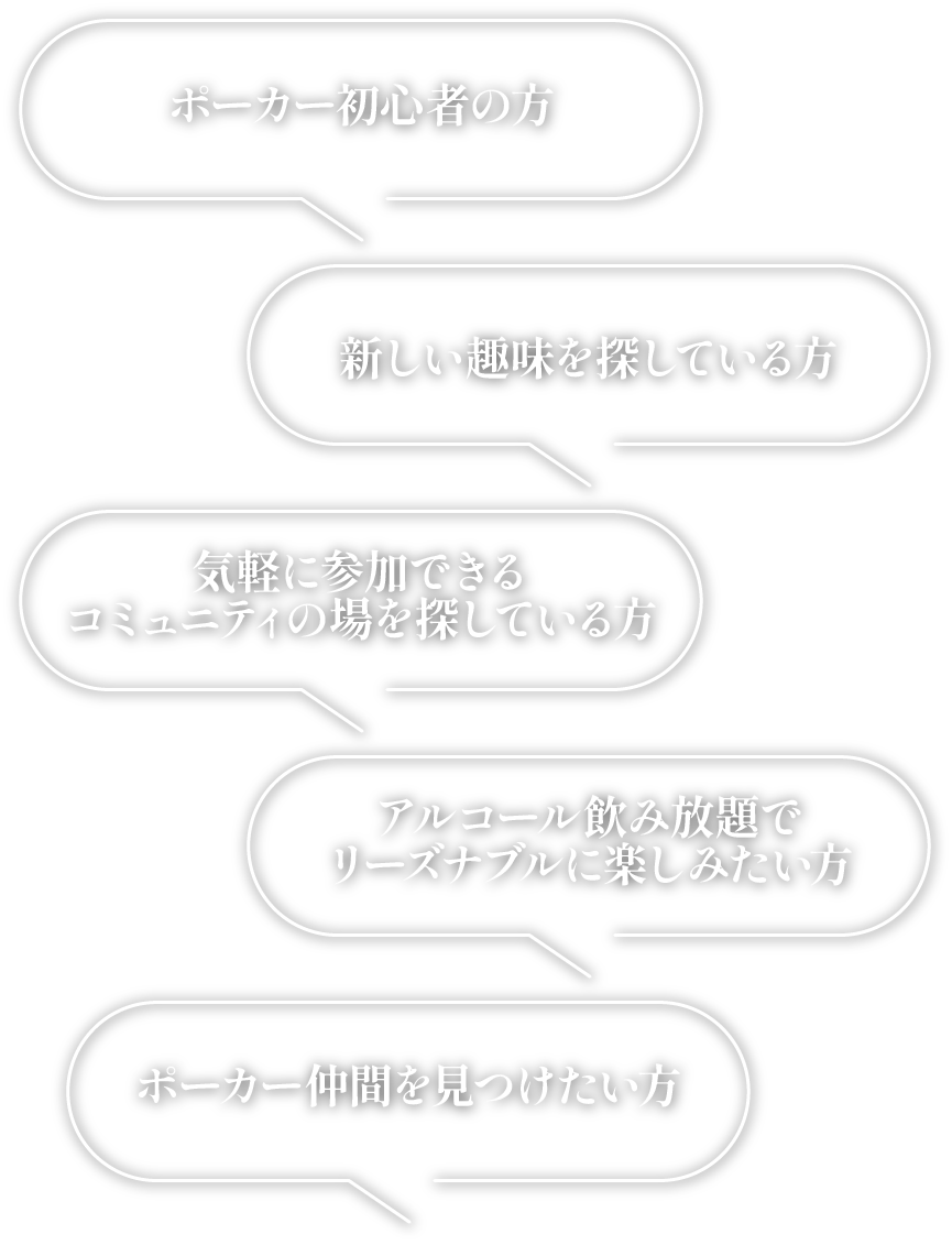 ・ポーカー初心者の方・新しい趣味を見つけたい方・気軽に参加できるコミュニティの場を探している方・リーズナブルにアルコールを飲み放題で楽しみたい方・ポーカー仲間を見つけたい方